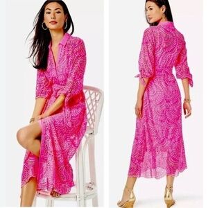 LILLY PULITZER Amrita Midi Eyelet Shirtdress Pink Island 10